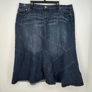 Mwah Womens Size 24W Midi Skirt Blue Denim Five Pocket Seamed Patchwork VTG Y2K